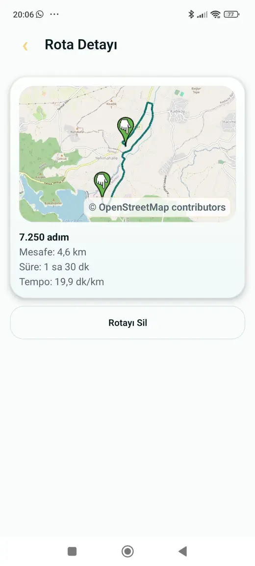 AdımAura rota detayı ekranında OpenStreetMap üzerinde çizilmiş yürüyüş rotası